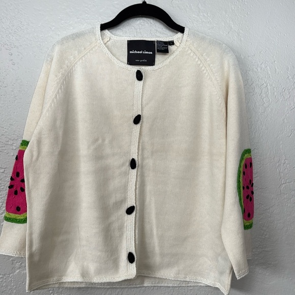 Michael Simon cardigan sweater white Cotton blend watermelon patch elbow L - Picture 1 of 8
